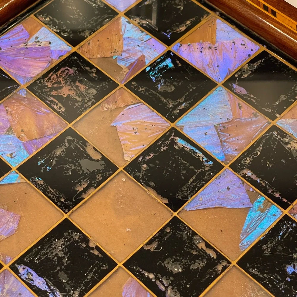 Vintage Chess Checker Board Rare Butterfly Wing Artwork Real inlaid wood BRAZIL - Picture 12 of 16